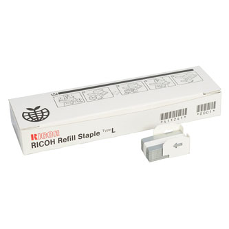 Ricoh 411241/TYPE L staples pack, featuring a white box with blue and gray staples, designed for Ricoh Aficio 1060/2, capable of stapling 4x2,000 pages.