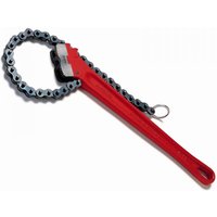 Red Ridgid chain wrench with a black and silver chain loop and a long handle for heavy-duty use.