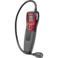 Red and black Ridgid 36163 Micro Cd-100 Gas Detector with flexible probe and digital display screen.
