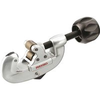 Ridgid adjustable pipe cutter with silver body, black knob, and red logo for stainless steel tubing and conduits.