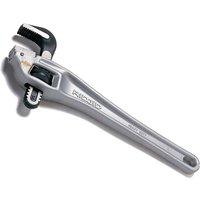Silver Ridgid aluminium offset pipe wrench with black adjustable jaw and ergonomic handle.