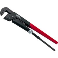 Red and black Ridgid double handle pipe wrench with adjustable jaw and sturdy grip.
