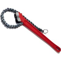 Red Ridgid heavy-duty chain wrench with a long handle and a metal chain loop for gripping pipes.