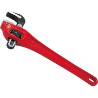 Red Ridgid heavy duty offset pipe wrench with serrated jaws and long handle.