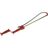Red Ridgid K3 closet auger with a curved metal shaft, ergonomic handle, and rotating crank for drain cleaning.