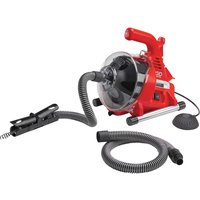 Red Ridgid Powerclear Drain Cleaning Machine with clear drum, flexible hose, and ergonomic handle.