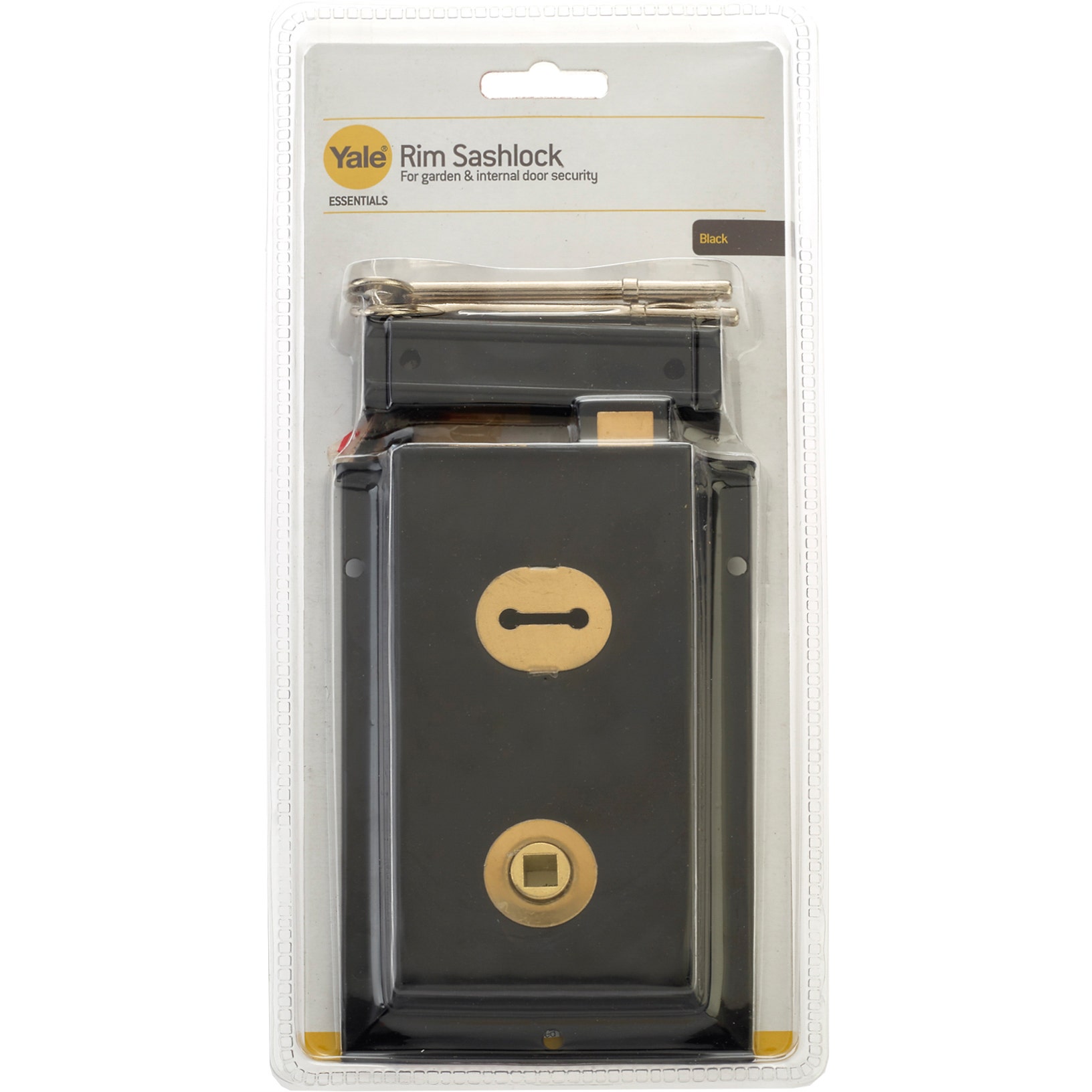 Black Yale Essentials rim sashlock with a brass keyhole and square bolt, packaged in clear plastic, designed for garden and internal door security.