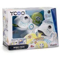 Interactive Robo Frog toy in a colorful box, featuring a white and green design with large eyes, remote control buttons, and playful graphics, suitable for ages 5 and up.