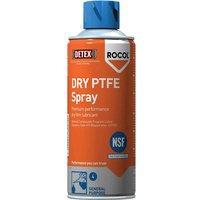 Orange Rocol Dry PTFE Spray can with blue cap, NSF logo, and Detex branding.