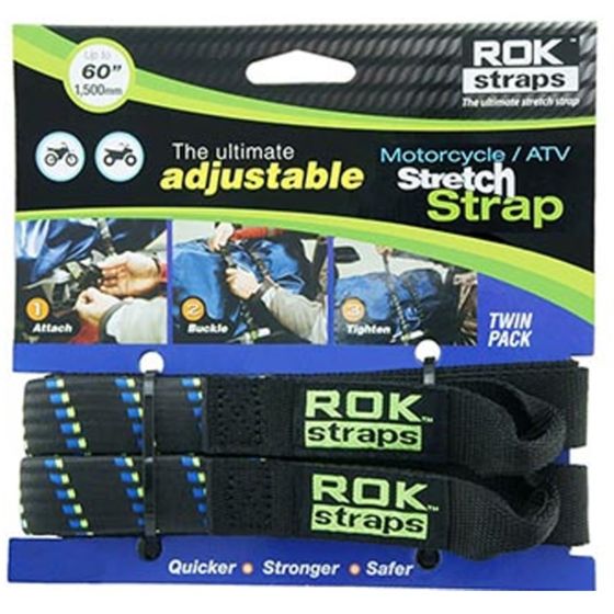 Adjustable stretch strap set in black with blue and green accents, featuring durable material, twin pack design, and easy-to-use buckle for securing motorcycles or ATVs.
