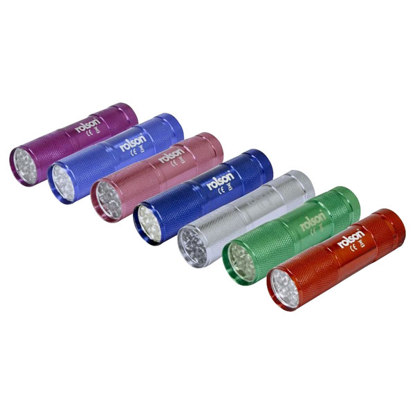 Nine compact aluminium torches in various colors—purple, pink, blue, green, silver, and red—featuring a textured grip and nine bright LEDs at the front.