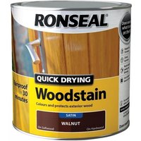 Ronseal Quick Drying Woodstain Satin Mahogany 750ml can with wood texture design and bold branding.