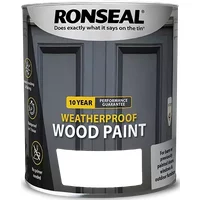Ronseal grey satin wood paint can, 10 Year Weatherproof, 2.5L, with a dark door image and performance guarantee label.