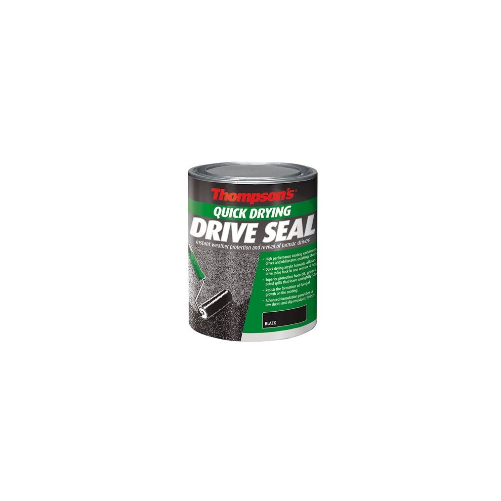 Black 5-litre can of Ronseal Drive Seal, featuring a green and black label with text highlighting quick drying and protective features, ideal for driveways and exterior surfaces.