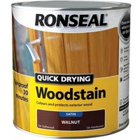 Ronseal Quick Drying Woodstain can, satin deep mahogany, 250ml, with yellow and brown label, wood protection product.