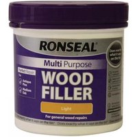 Ronseal multipurpose wood filler tub, light color, 465g, purple and white label with product details.