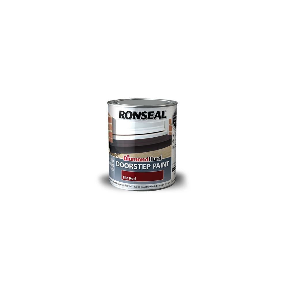 Ronseal Diamond Hard Doorstep Paint in Tile Red, 750ml tin, featuring a glossy finish and durable design for outdoor surfaces.