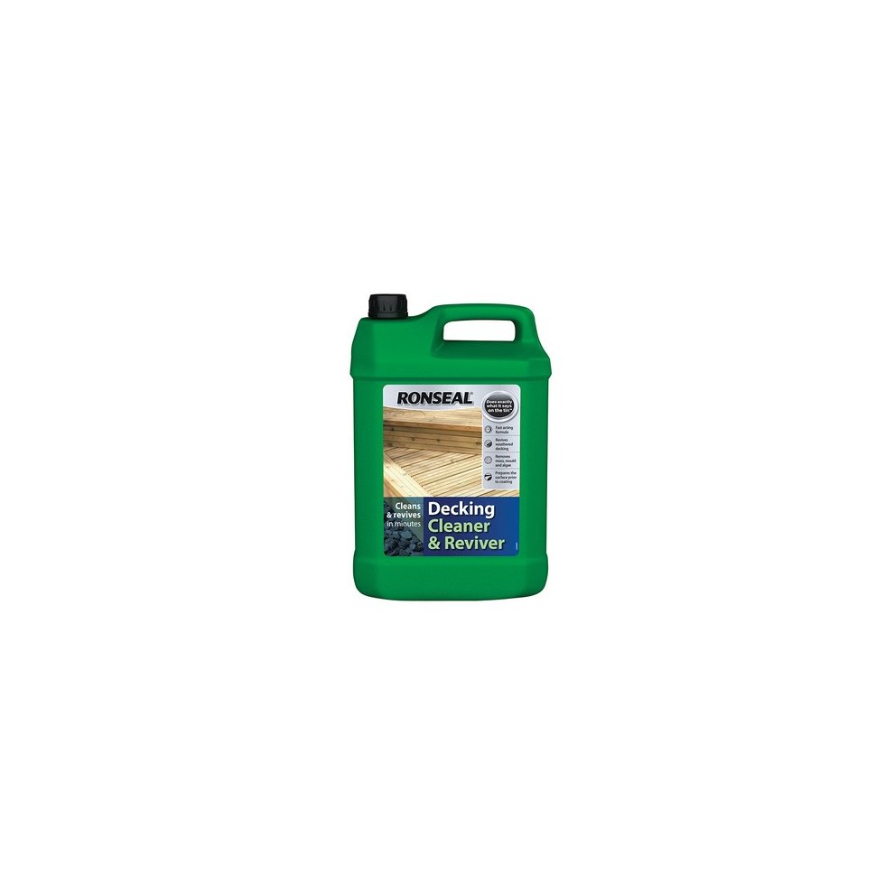 Green plastic container of Ronseal 35903 Decking Cleaner & Reviver, 5 litres, featuring a blue label with white text and an image of clean decking wood.