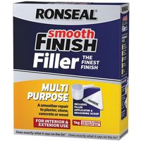 "Ronseal Smooth Finish Wall Filler 1Kg box, blue and yellow design with applicator and measuring scoop image"