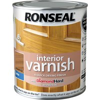 Ronseal interior varnish can, quick dry satin French oak, 250ml, with door image and DiamondHard protection label.