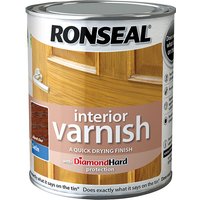 Ronseal Interior Varnish can, Quick Dry Satin Dark Oak, 250ml, with wood door image and Diamond Hard protection label.