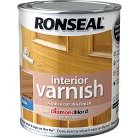 Ronseal Interior Varnish Quick Dry Satin French Oak 750ml, white can with wood door image and red diamond logo.