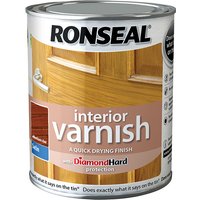 Ronseal interior varnish can, quick dry satin, medium oak finish, 750ml, with door image and Diamond Hard logo.