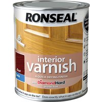 Ronseal Interior Varnish can, quick dry satin teak, 750ml, with door image and Diamond Hard protection label.