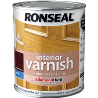 Ronseal Interior Varnish can, Quick Dry Satin, Deep Mahogany, 750ml, with door image and Diamond Hard protection label.