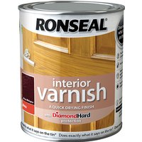 Ronseal Interior Varnish can, Quick Dry Gloss, Deep Mahogany, 250ml, with wood door image and Diamond Hard protection label.