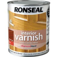 Ronseal Interior Varnish can, Quick Dry Gloss, Medium Oak, 750ml, with door image and Diamond Hard protection label.