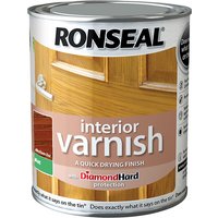 Ronseal Interior Varnish can, quick dry, matt finish, medium oak color, 250ml, with door image and logo.