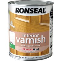 Ronseal 36866 Interior Varnish can, quick dry matt white ash finish, 750ml, with wooden door image on label.