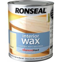 Ronseal Interior Wax Natural 750ml can with blue label and wooden table image, Diamond Hard protection text.