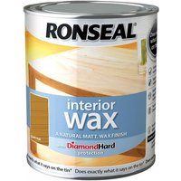Ronseal Interior Wax Dark Oak 750ml tin with blue label and wooden table image, featuring DiamondHard protection.