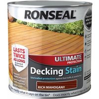 Ronseal decking stain can, rich mahogany color, 2.5L, with wood deck image and "Ultimate Protection" label.