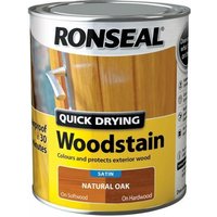 Ronseal Quick Drying Woodstain Satin Natural Oak 750ml can with wood grain label and blue satin banner.