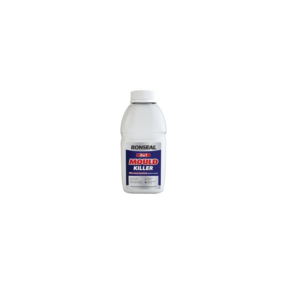 White plastic bottle of Ronseal 3-in-1 Mould Killer, 500ml, featuring a blue and red label with bold text, detailing usage instructions and safety information.