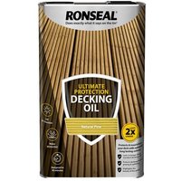 Ronseal 5L Ultimate Protection Decking Oil in Natural Pine, featuring a wood grain design and protective shield logo.