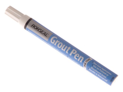 Ronseal 37323 One Coat Grout Pen in a blue and white design, featuring a fine tip for precise application, ideal for refreshing grout lines in brilliant white.