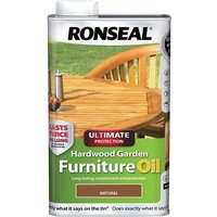 Ronseal 1L can of Ultimate Protection Hardwood Garden Furniture Oil, natural finish, with a wooden chair image.