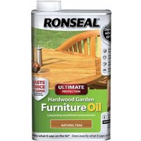 Ronseal hardwood furniture oil, natural teak, 1L tin with image of wooden chair and durability claims.