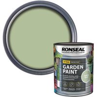 Ronseal Garden Paint Sapling Green 750ml, round tin with green lid, vibrant garden imagery on label.