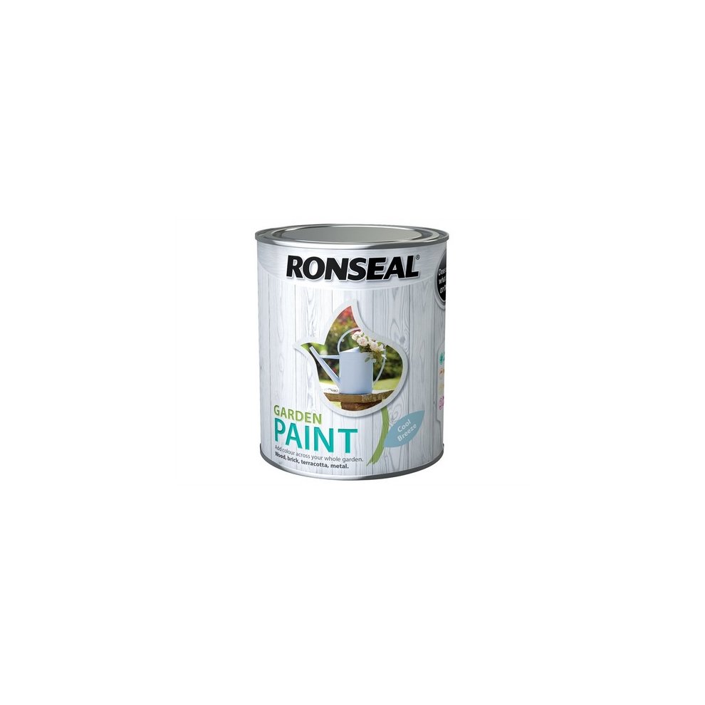 Ronseal Garden Paint in Cool Breeze, 750ml can, features a white wooden texture design with a colorful label showcasing a watering can and the product name in bold letters.
