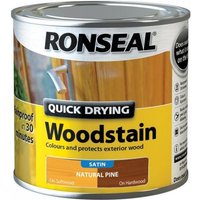 Ronseal Quick Drying Woodstain can, satin finish, natural pine color, 250ml, with waterproof label.