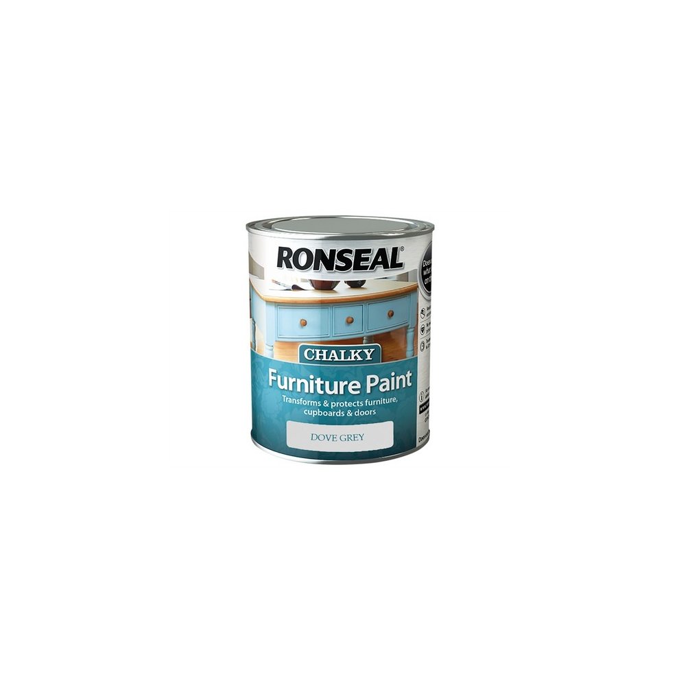 Ronseal Chalky Furniture Paint in Dove Grey, 750ml can with a glossy finish, featuring a blue and white label highlighting its use for transforming and protecting furniture.
