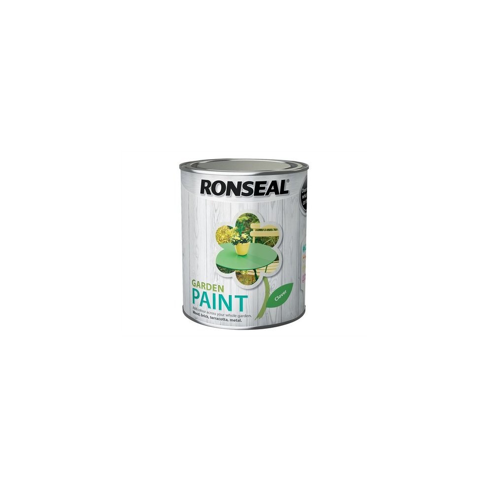 Ronseal Garden Paint in Clover, 750ml, features a green label with a clover graphic on a white wooden background, showcasing its outdoor use and vibrant color.