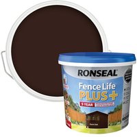 Ronseal Fence Life Plus+ Dark Oak 5L paint tub with blue lid and garden fence image on label.