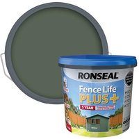 Ronseal Fence Life Plus+ Willow 5L paint tub with blue lid, green paint swatch, and garden fence image.