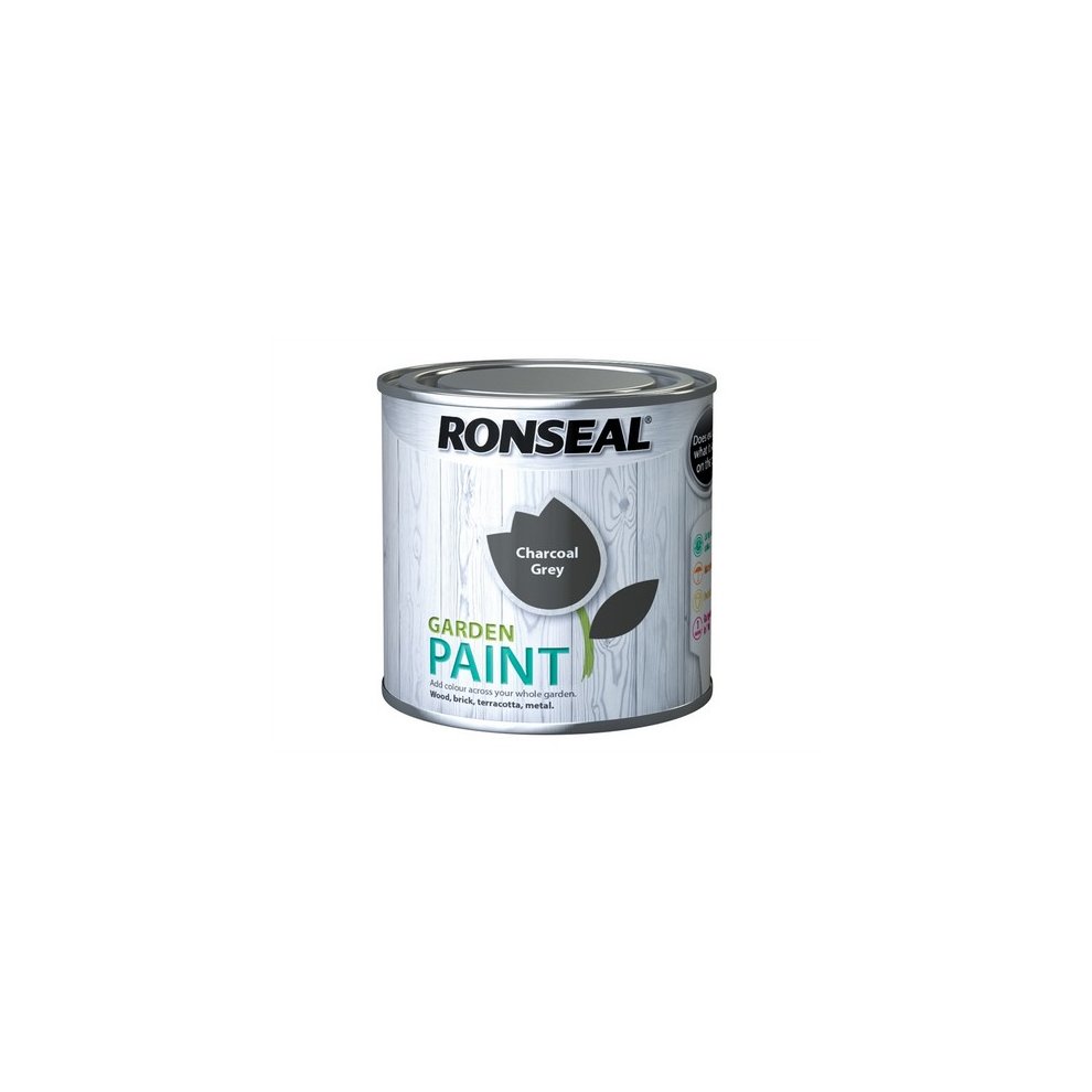 Ronseal Garden Paint in Charcoal Grey, 250ml, featuring a metallic tin with a white wooden texture background and a green label highlighting its outdoor use.